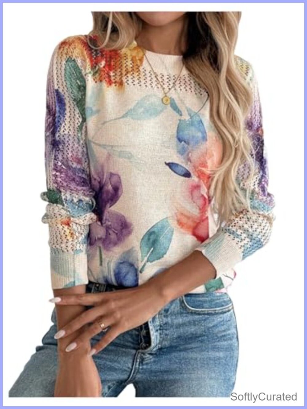 Floral Hollow Out Knit Pullover Sweater Long Sleeve Crew Neck Loose Fit